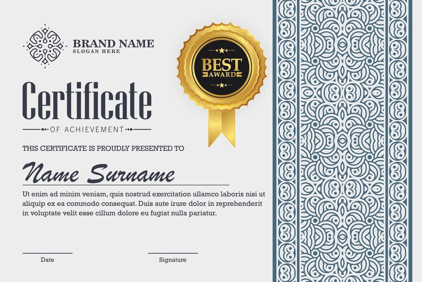 Classic certificate of achievement award with border template vector