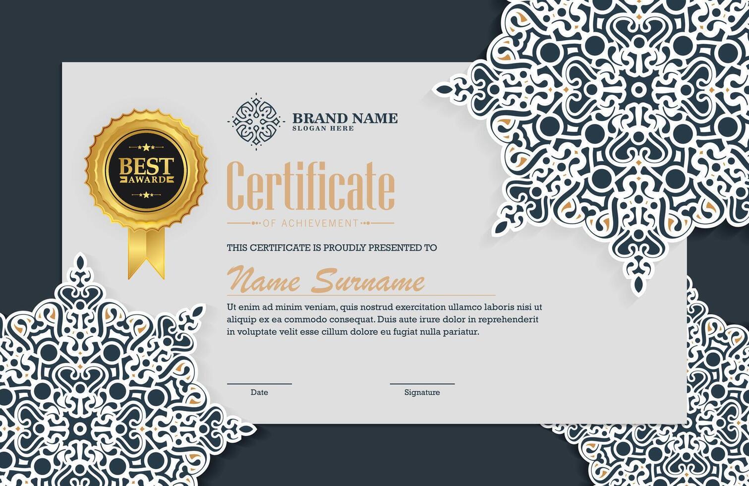 Vintage mandala texture award certificate template vector