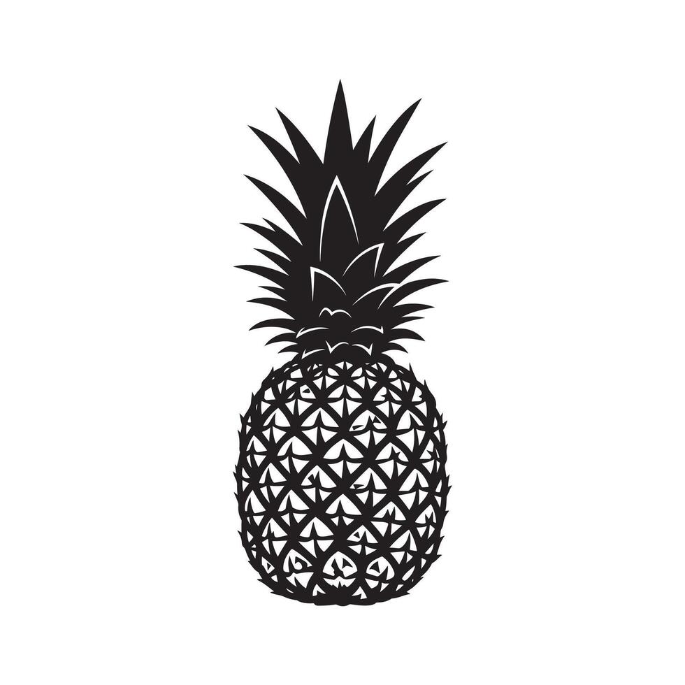 A sleek black silhouette of a pineapple with bold, geometric patterns on the body and spiky leaves on top vector