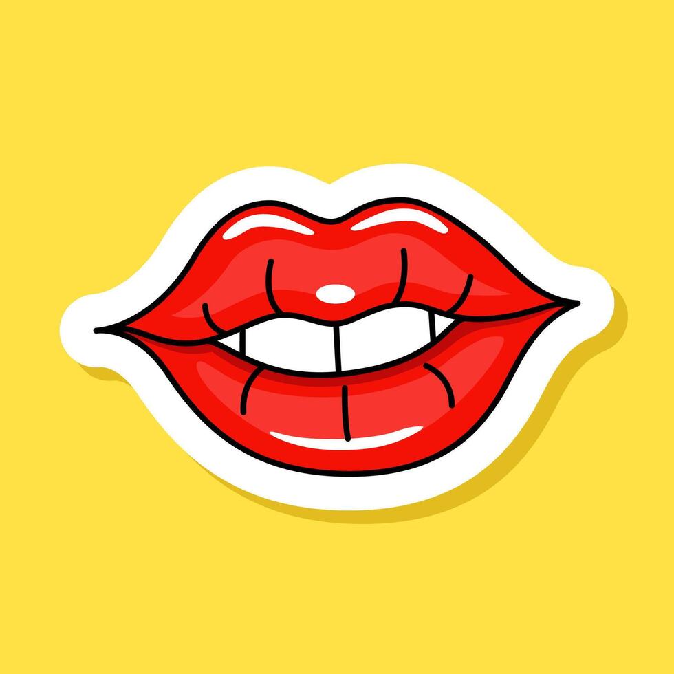 Red glossy lips sticker in retro style illustration on yellow. Lips and white teeth cartoon picture vector