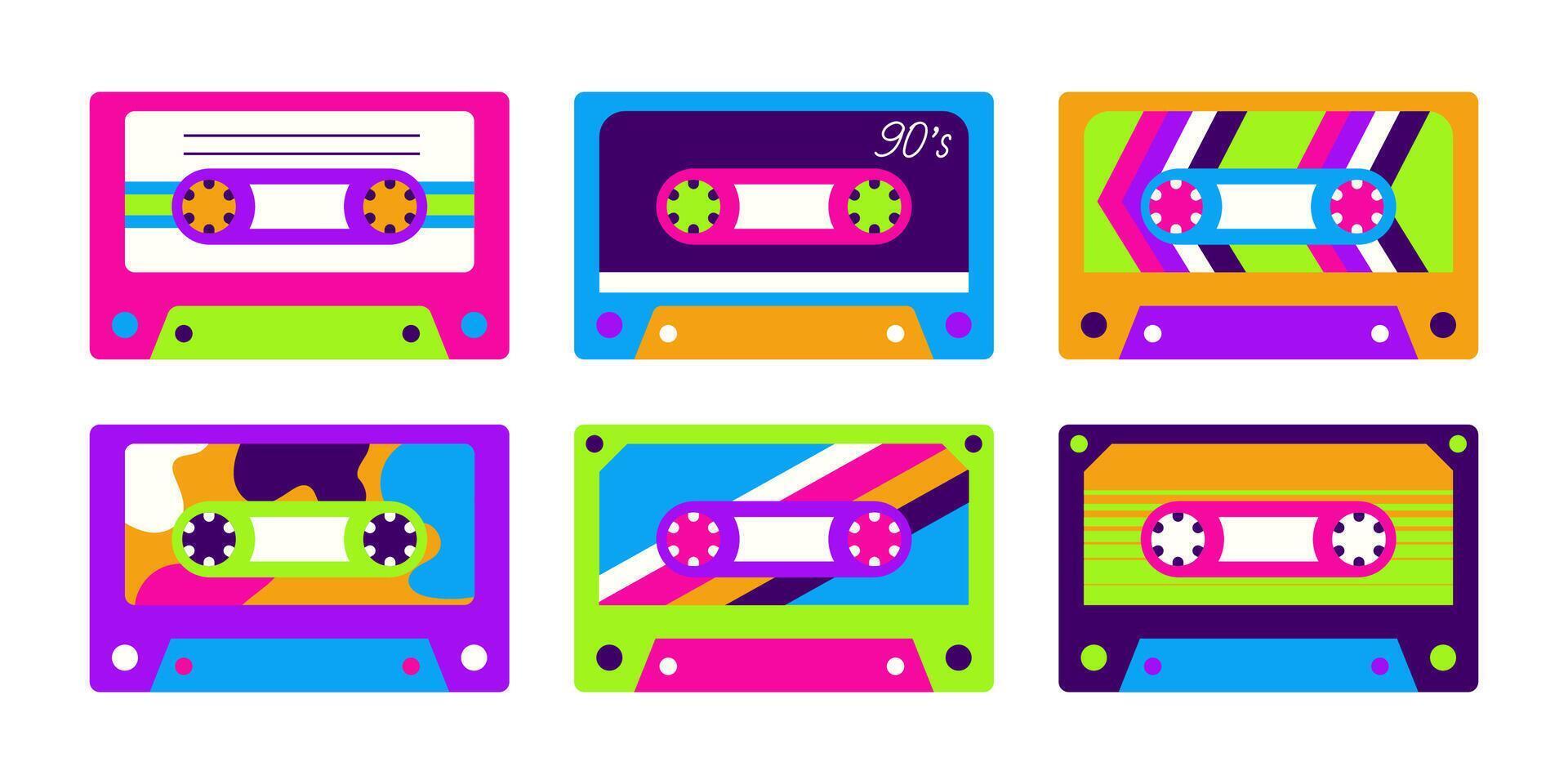 Music tapes in retro style collection isolated on white. Psychedelic audio tapes records vector