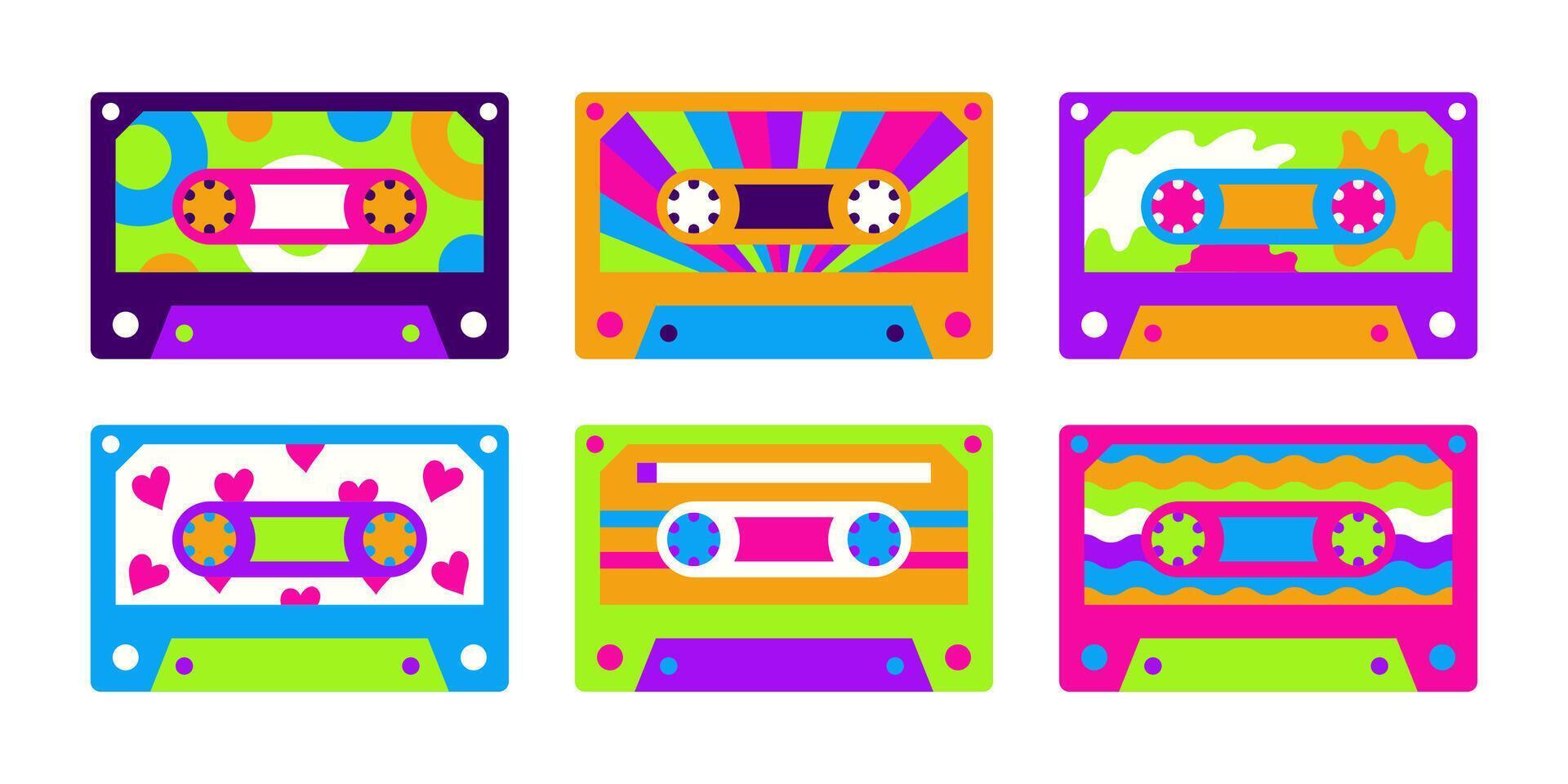 Music tapes in retro style collection isolated on white. Psychedelic audio tapes records set vector