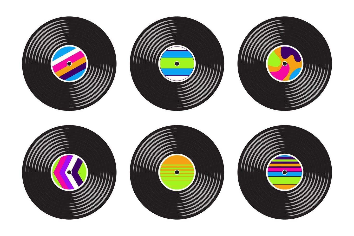 Vinyl music plates collection in retro style isolated on white. Psychedelic nostalgia audio records vector