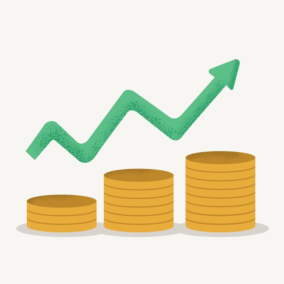 Stacks of coins increasing in size with an upward arrow on a light background. vector
