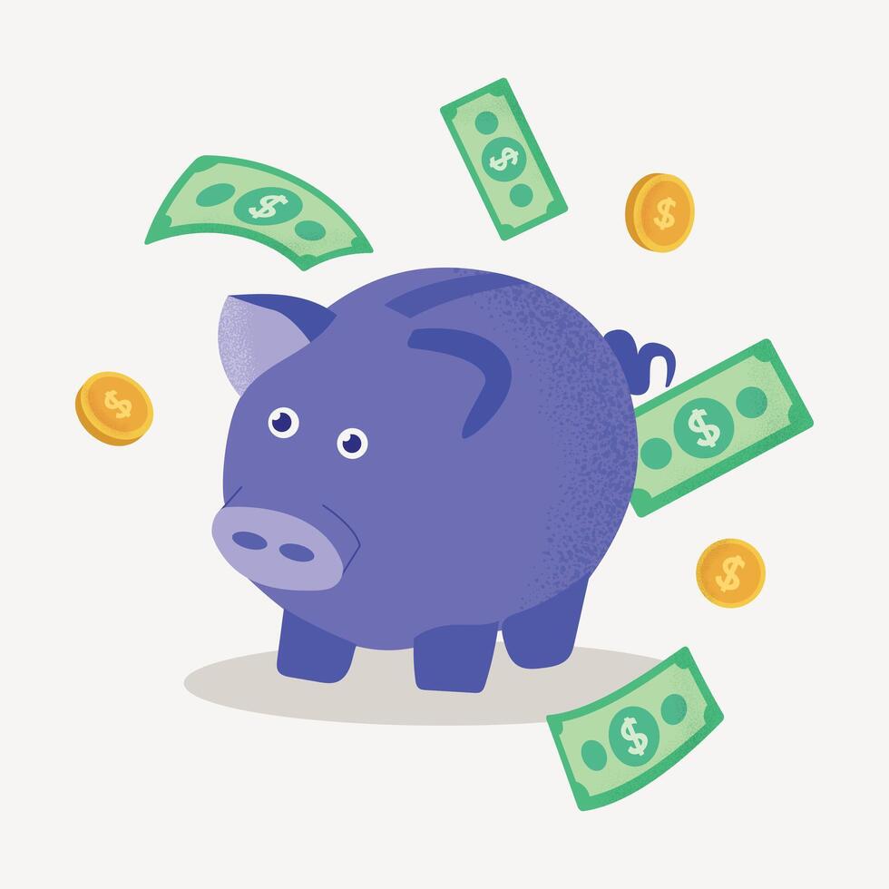 Piggy bank with falling coins and banknotes on a light background. vector