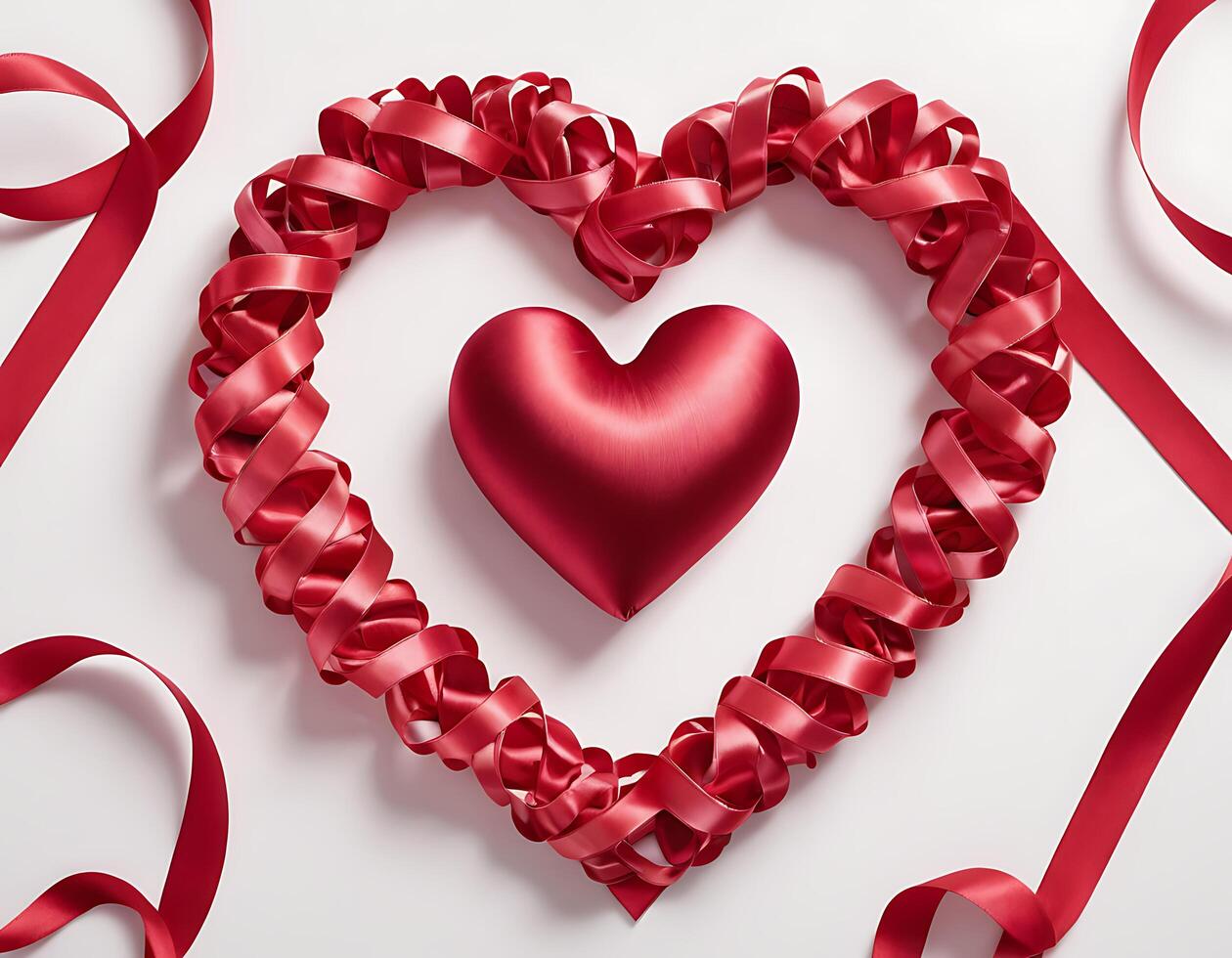 A heart shaped red ribbon and a red heart photo