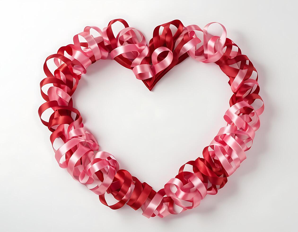A heart shaped wreath made of red and pink ribbons photo