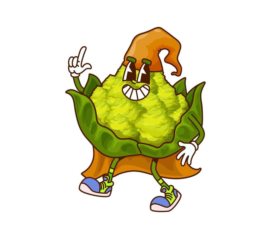 Cartoon groovy Romanesco cabbage Halloween wizard vector