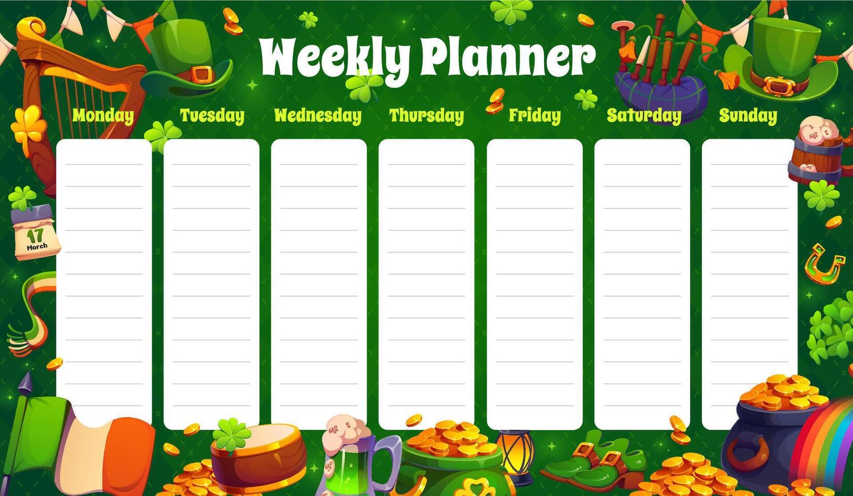 Weekly planner schedule, St Patrick day characters vector