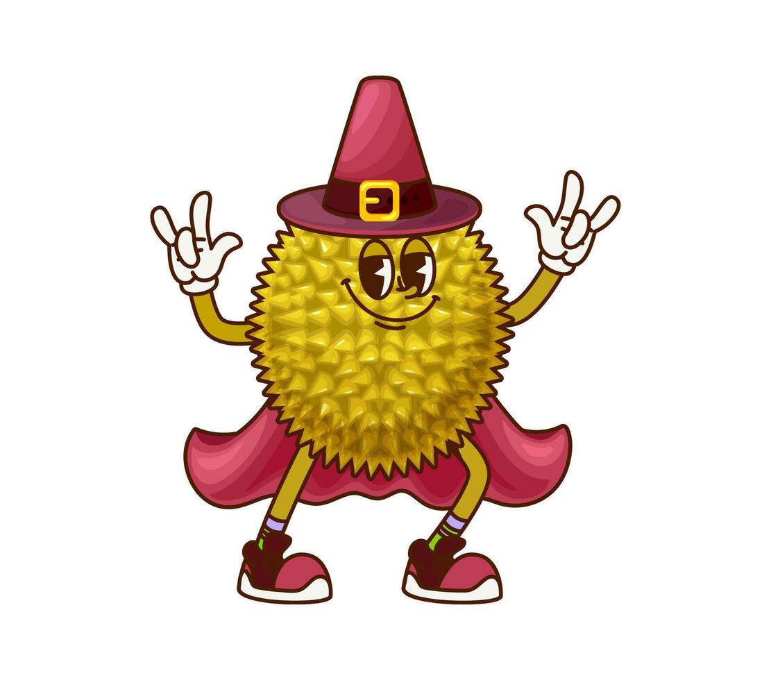 Cartoon groovy durian Halloween wizard fruit vector