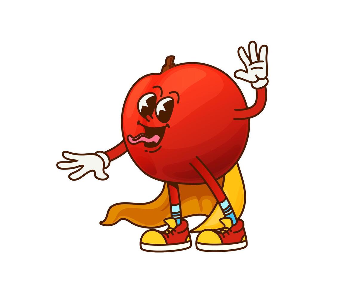 Cartoon groovy red apple Halloween wizard fruit vector