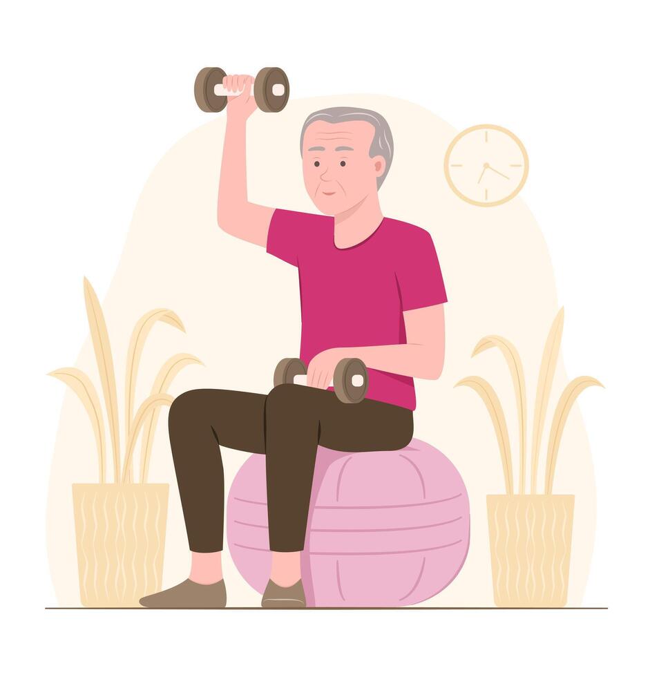 Elderly Man Exercise with Dumbbell in Living Room at Home for Healthcare Concept Illustration vector