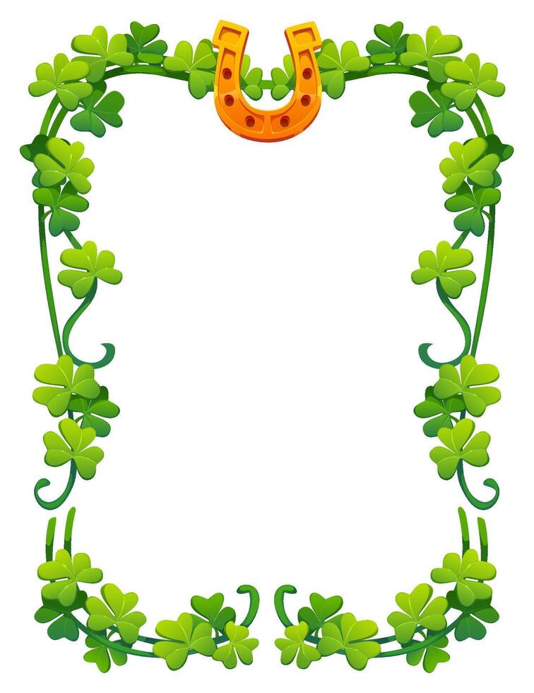 St Patrick frame golden horseshoe, shamrock clover vector