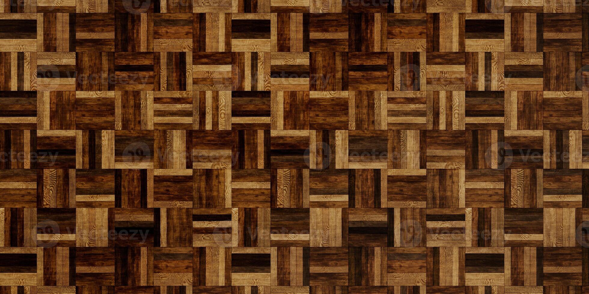 A high-resolution wooden parquet texture featuring an intricate geometric pattern. The rich brown tones and complex design create a visually striking and elegant flooring style, perfect for interiors. photo