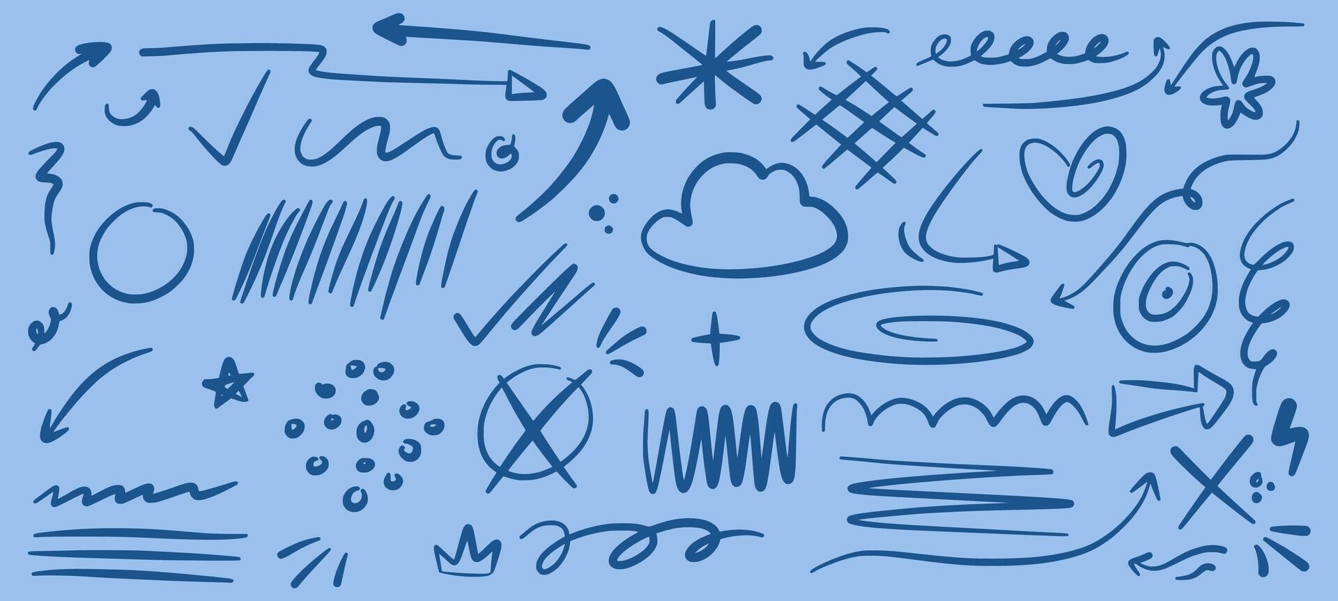 Brush abstract line shape blue background. Hand drawn sketch doodle scribble brush geometric. Abstract arrow, circle, zigzag illustration vector