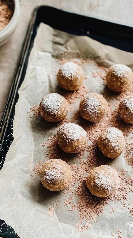 Nut balls made with protein powder and cocoa ready for a healthy snack or dessert option on a baking sheet photo