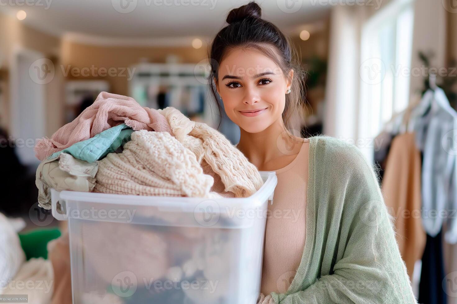 A woman holding a plastic container with clothes photo
