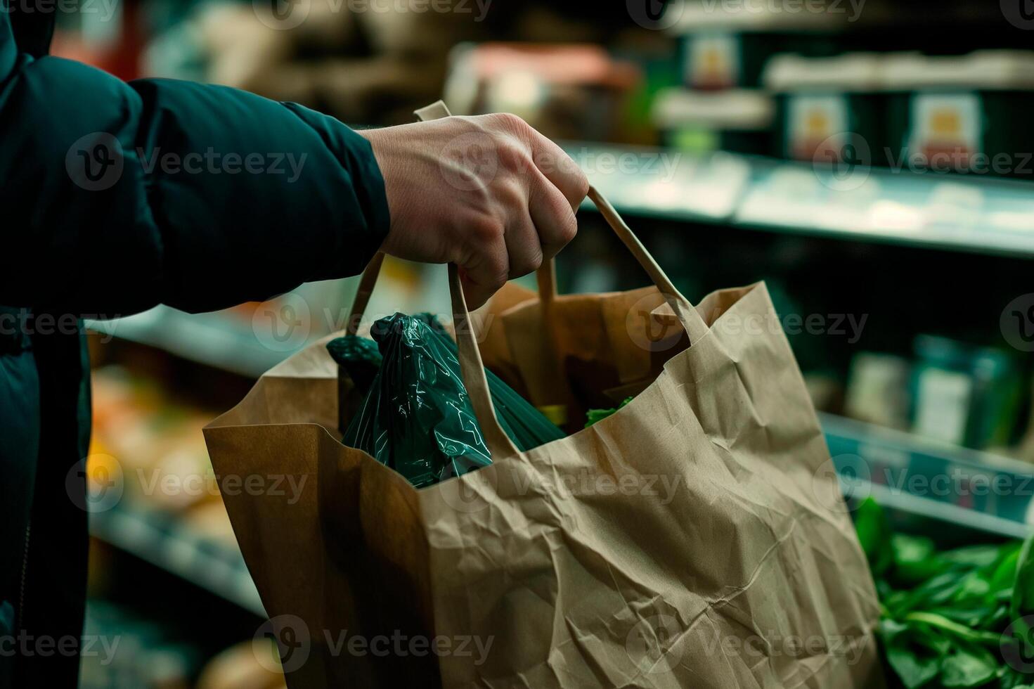 A person holding a paper bag with groceries photo