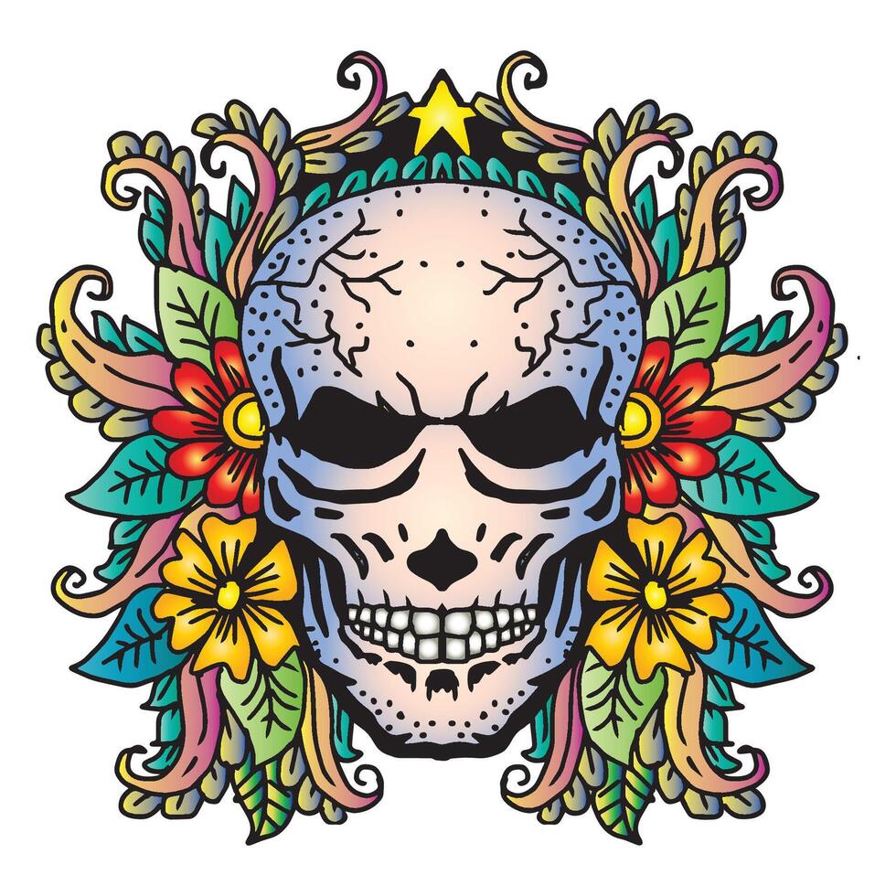 Skull with flowers and leaves. vector