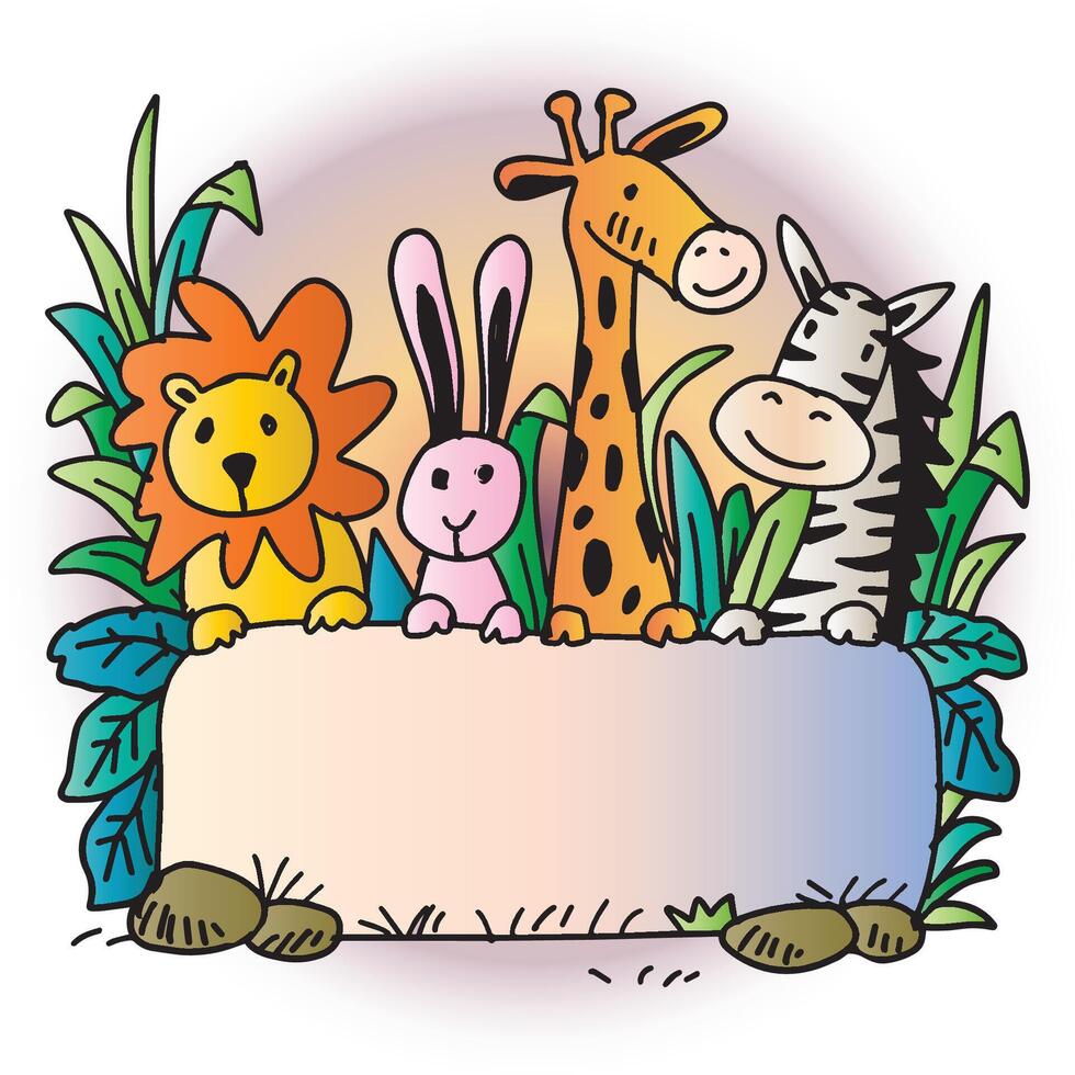 Cute hand drawn illustration of cute cartoon animals and place for text vector