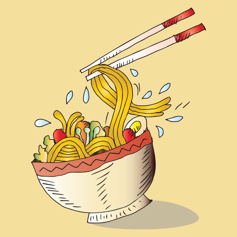 Noodles in a bowl with chopsticks. vector