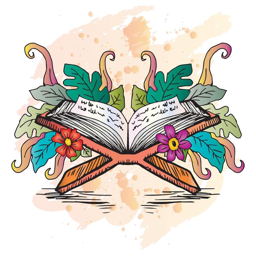 Islam holy book Quran with flowers and leaves. vector