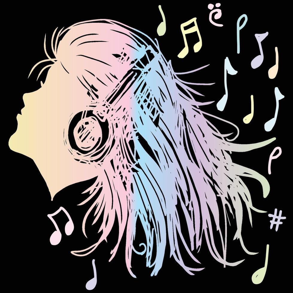 Girl with headphones with musical notes. vector