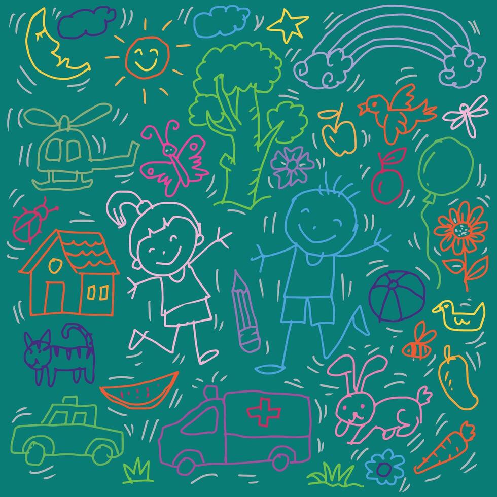 Hand drawn set doodle of kids playing in the park. vector