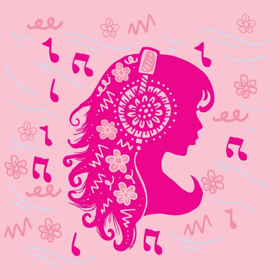 Illustration of a girl with music notes on a pink background. vector