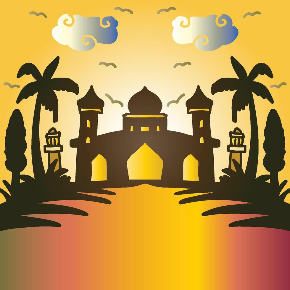 Mosque at Sunset An Islamic Landmark with Palm Trees vector