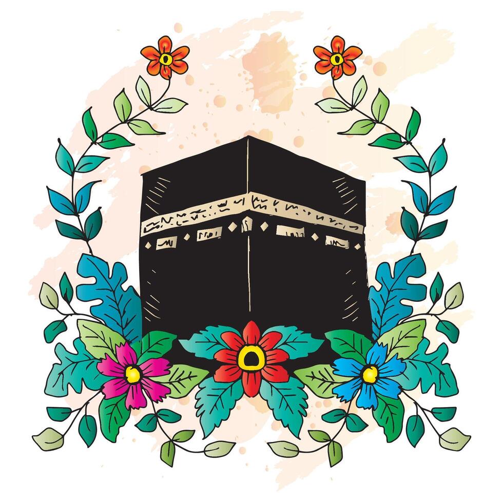 Kaaba in Mecca with Flowers and Islamic Symbols vector