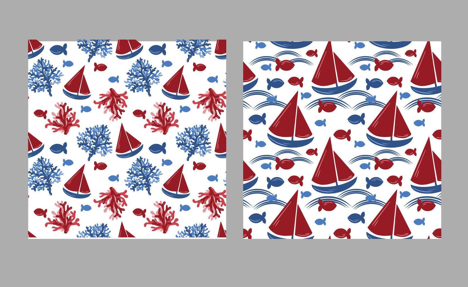 A set of marine patterns with boats and corals and fish vector