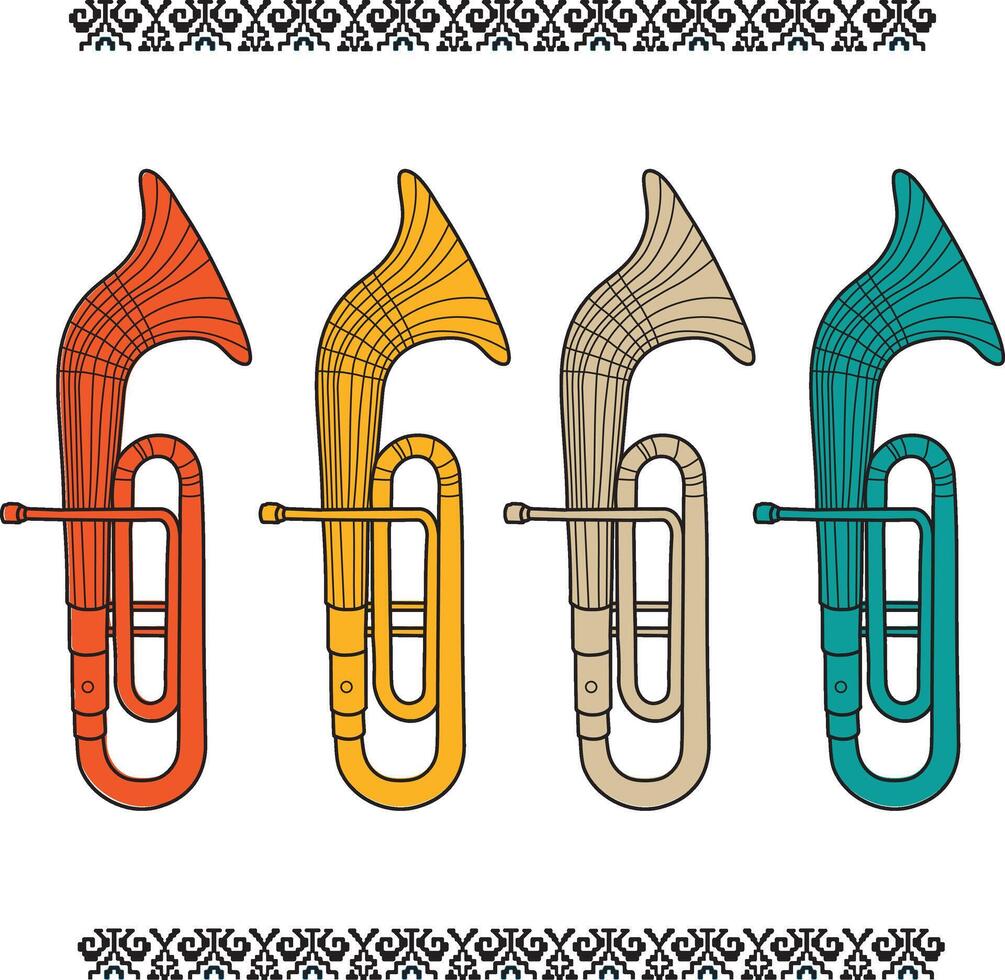 Four different colored trumpet instruments on a white background vector