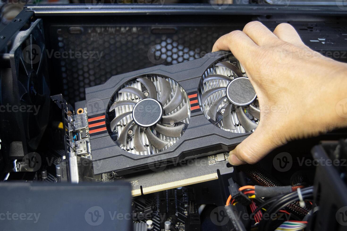 Technicians are assembling graphics cards. photo