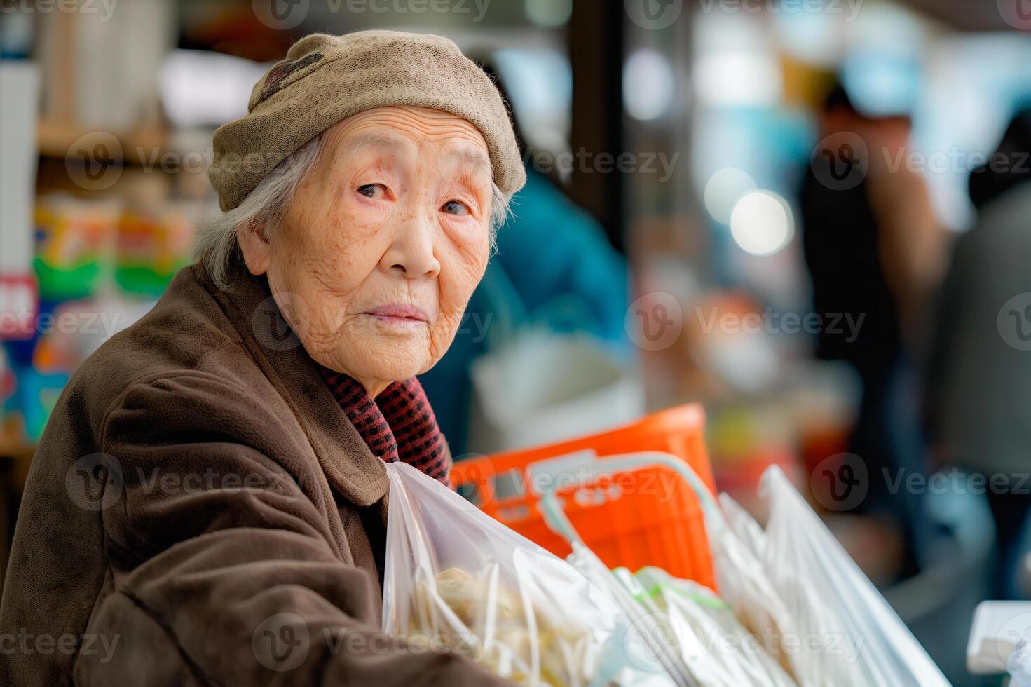 An elderly woman is holding a bag of groceries photo
