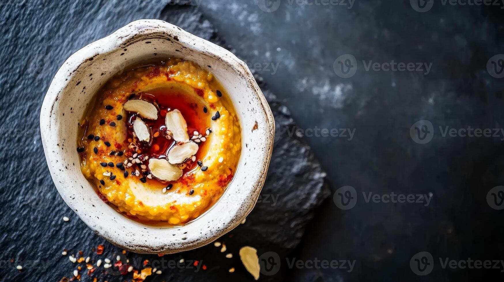 Lentil dip with turmeric and chili served in a rustic bowl on a dark stone surface photo
