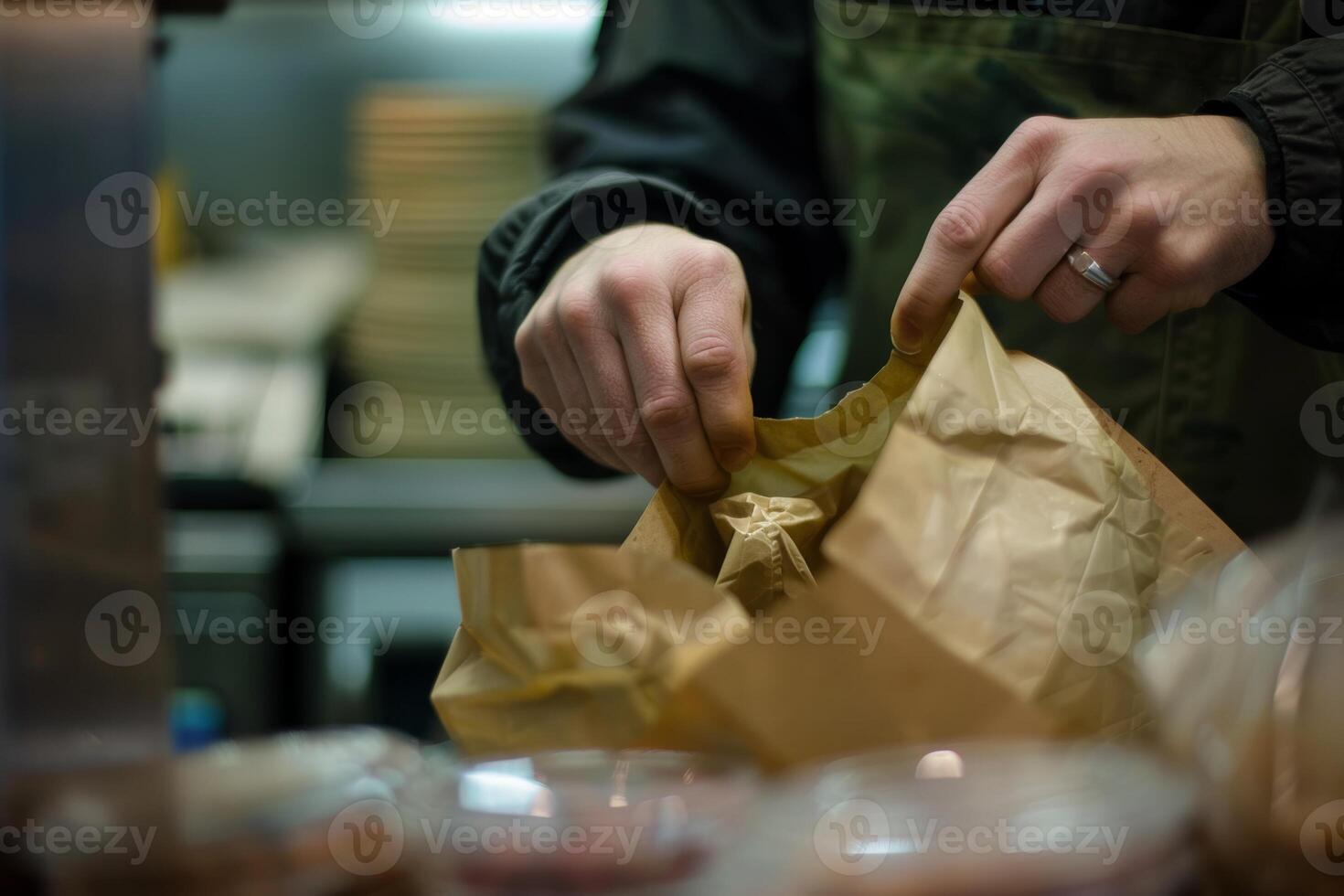 A person putting something in a bag photo