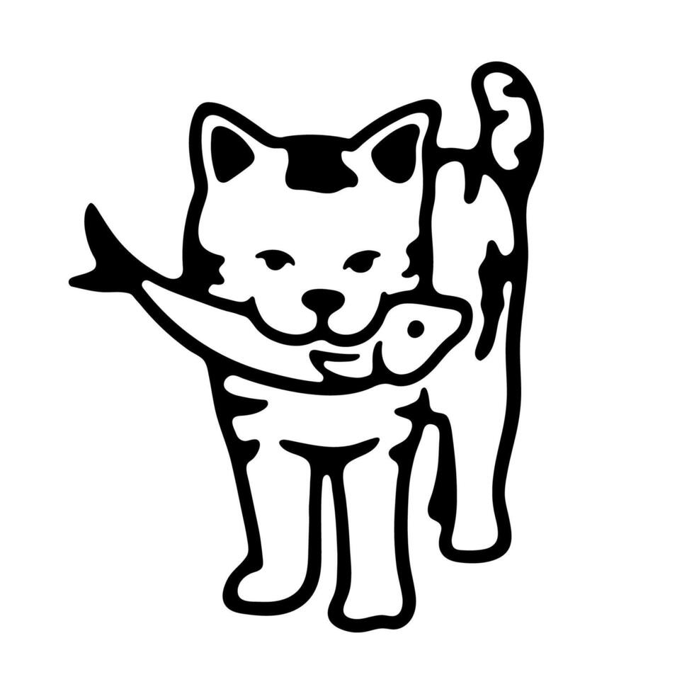 hand draw cat eat fish on white background vector