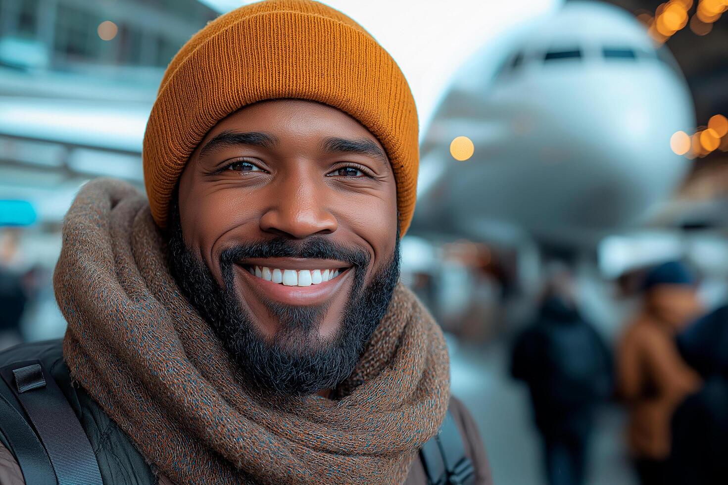 Happy traveler at the airport ready for an adventure before his flight photo