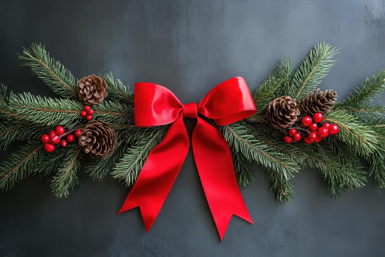Festive pine garland adorned with red ribbons and pine cones for Christmas celebrations photo