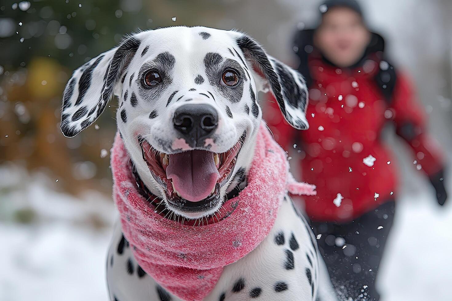 Dalmatian dog in pink scarf joyfully running through the snow with teenagers blurred in background photo