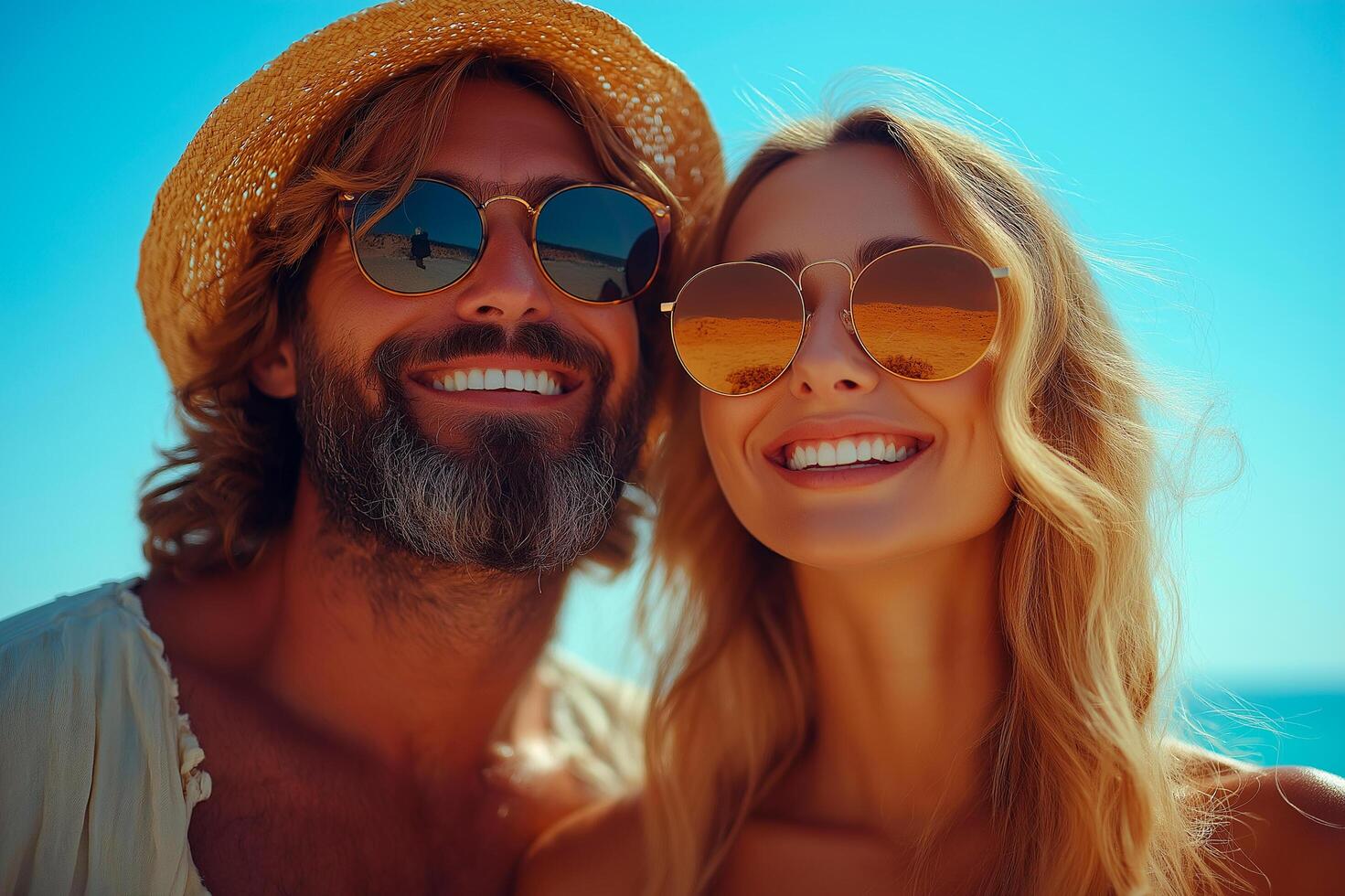 Cheerful couple enjoys a sunny beach day while taking a selfie together photo