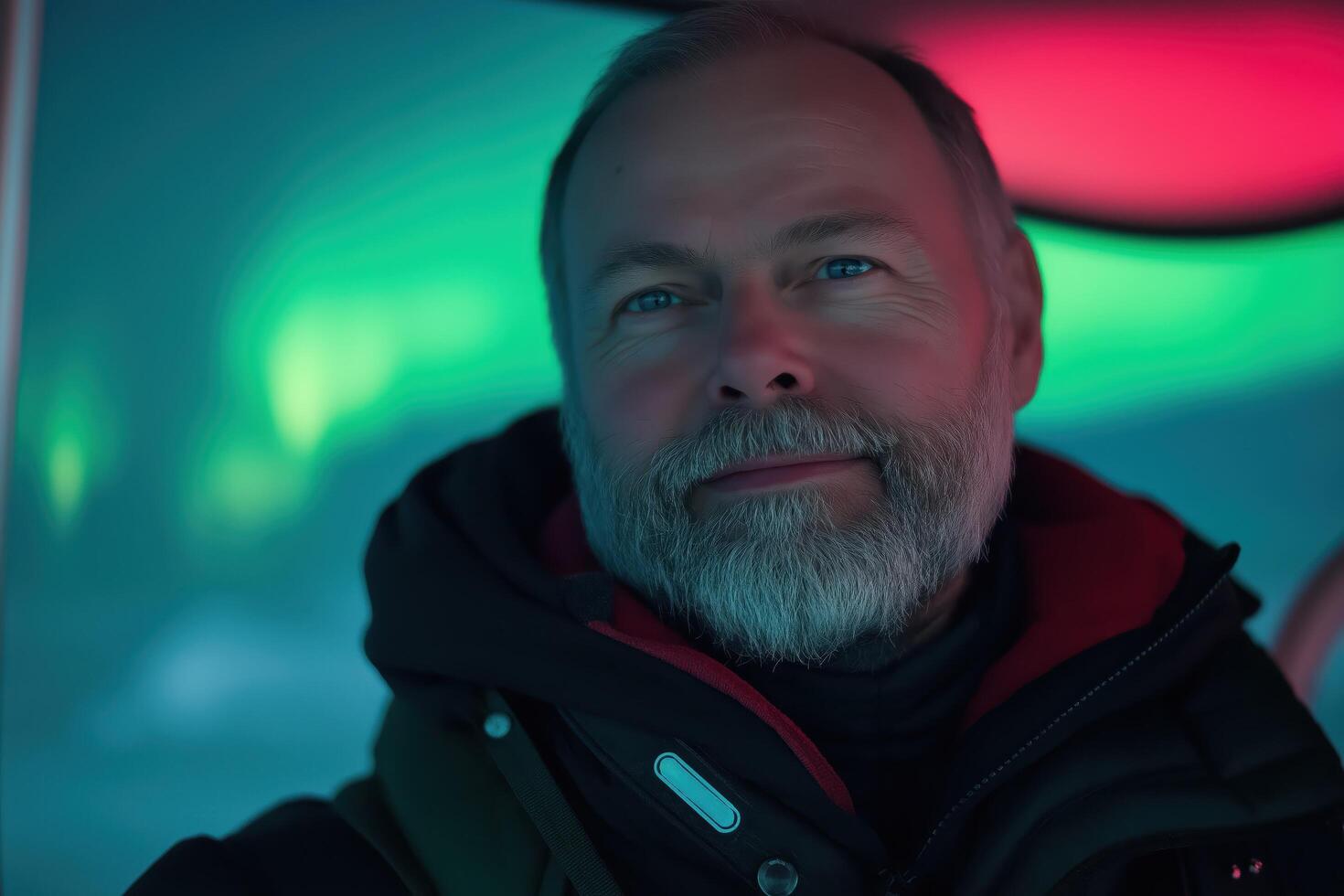 Man enjoying the northern lights while wearing winter clothing in a cozy setting photo
