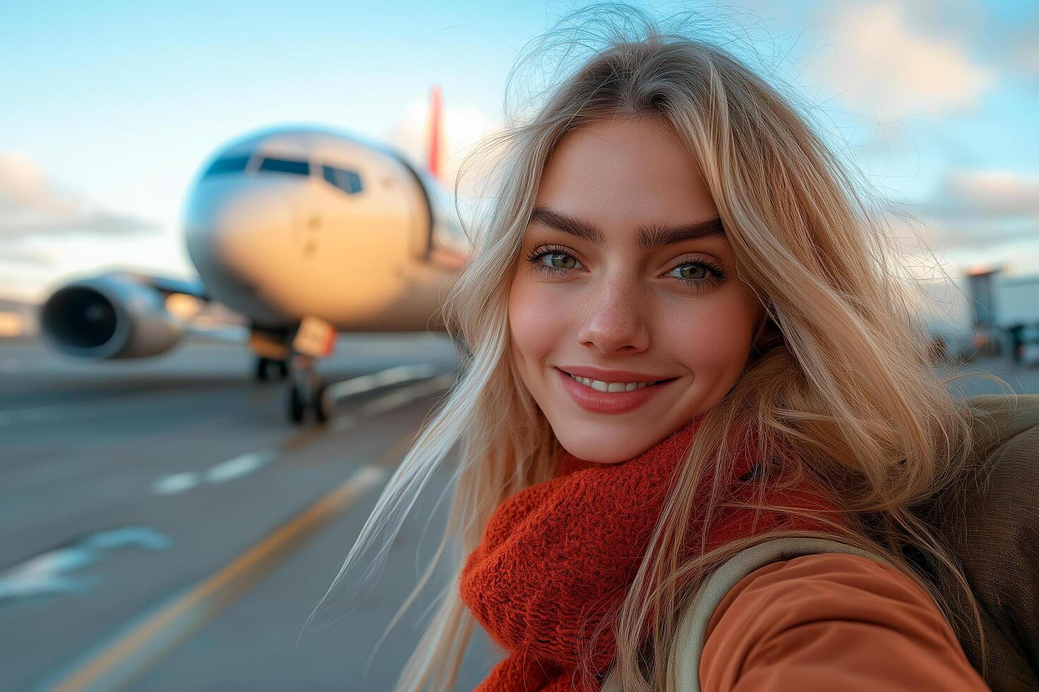Young woman smiling at the airport with a plane in the background during sunset photo