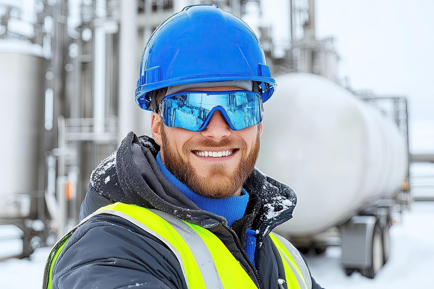 Smiling industrial worker wearing a hard hat and vest at a factory site during the day photo