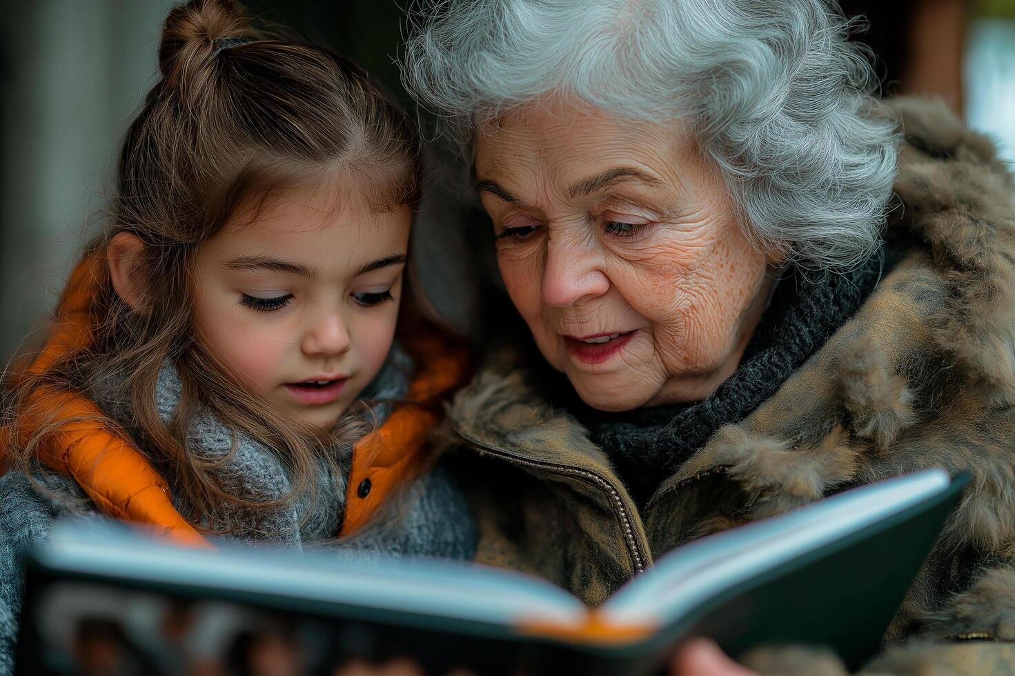 Grandmother shares stories with granddaughter while reading a book in a cozy setting photo
