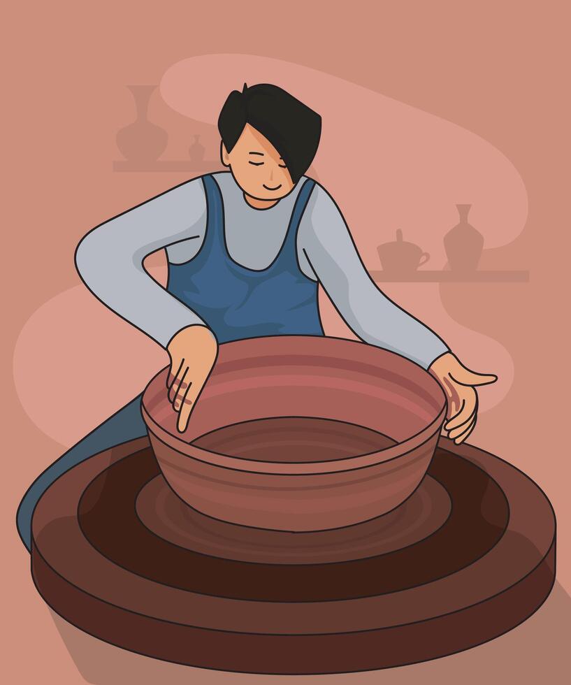 Cartoon style modern potter focused on handcrafting a beautiful clay vase, showcasing intricate details and craftsmanship, with hands shaping the clay in a creative, dynamic pose vector