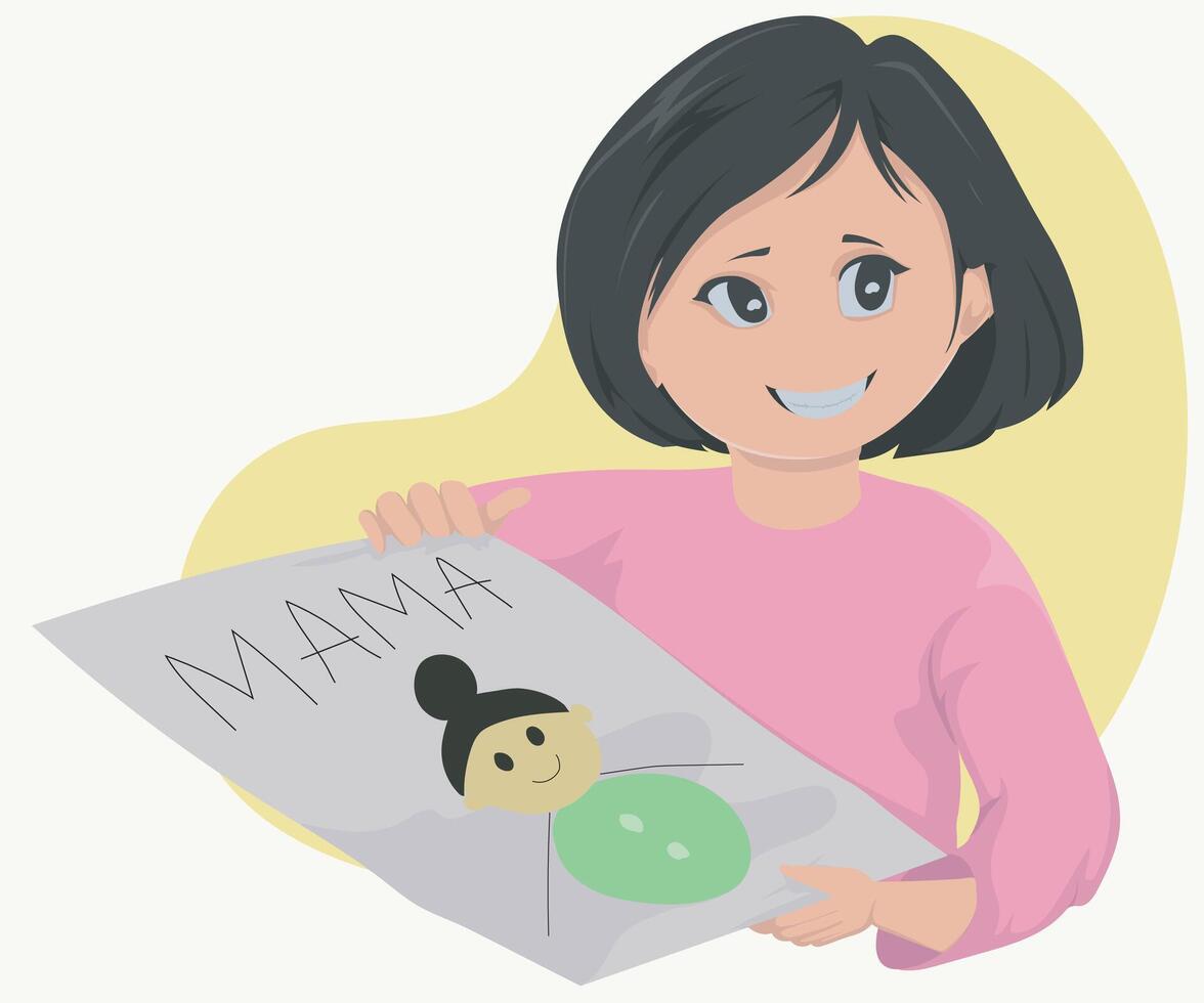 Kid Proudly Showing Her Handcrafted Mother Figure Created with Pieces of A4 Paper, A Heartfelt and Creative Display of Craftsmanship and Love vector