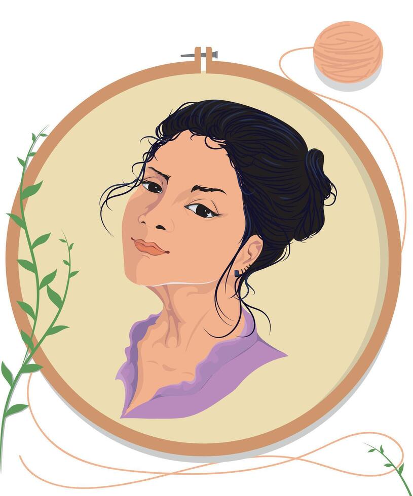 Embroidery hoop with embroidery design of a Young Girl with crafted with handwoven threads, showcasing the artisan skill and timeless craftsmanship vector
