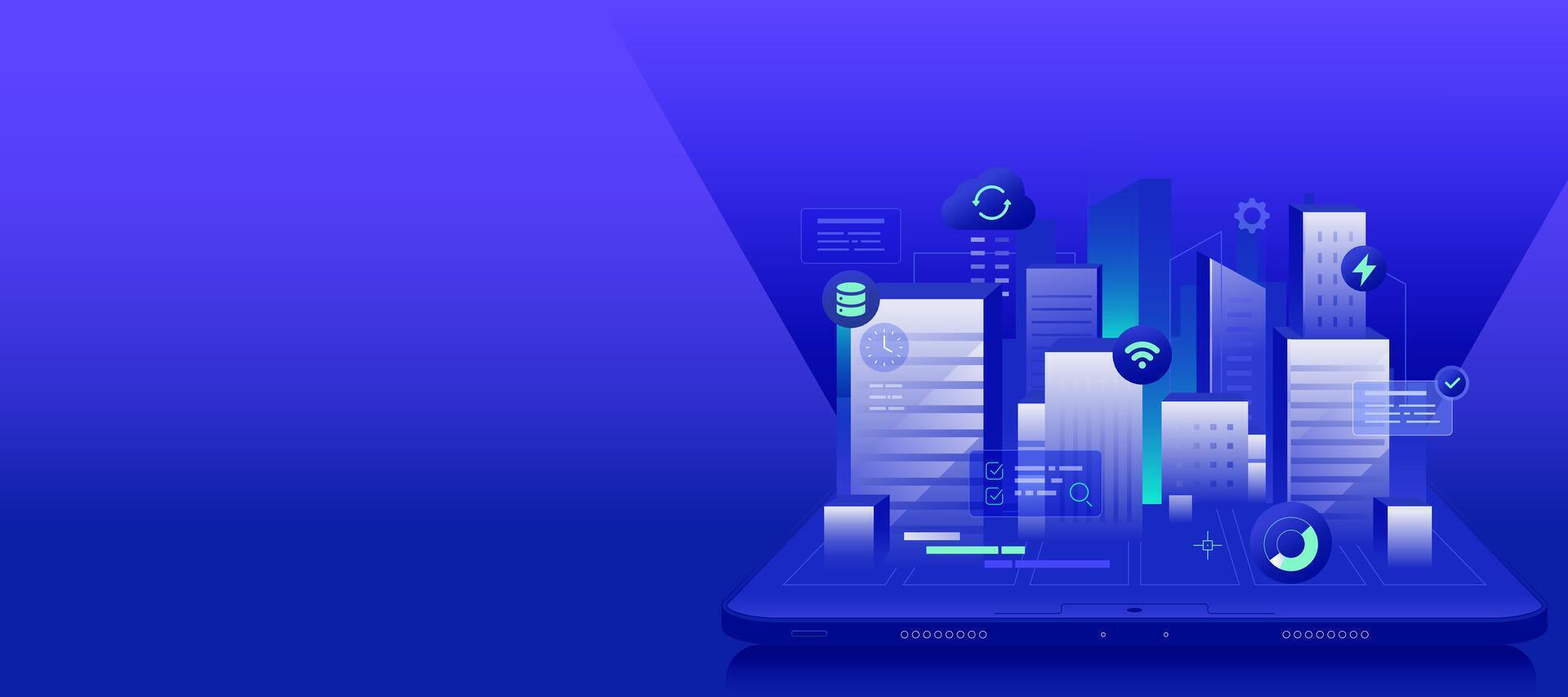 Digital Construction Building Automation Banner, Concept of smart construction iot technology of buildings as an application on tablet vector